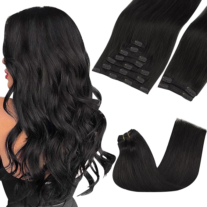 GOO GOO Clip in Hair Extensions Real Human Hair, Remy Human Hair Extensions Clip ins for Women, Natural Human Hair, 26inch 260g 9Pcs, #1B Natural Black