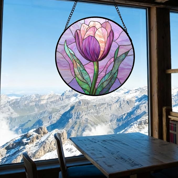 DASTOLL Stained Glass Window Hanging Purple Tulips Flower 7.8" - Image 3
