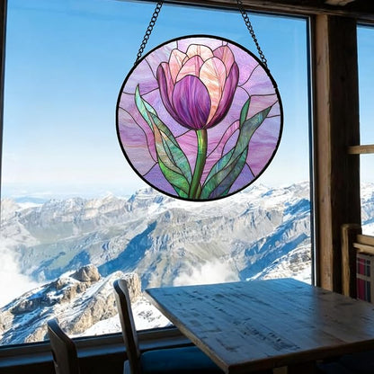 DASTOLL Stained Glass Window Hanging Purple Tulips Flower Large 11.8" - Image 3