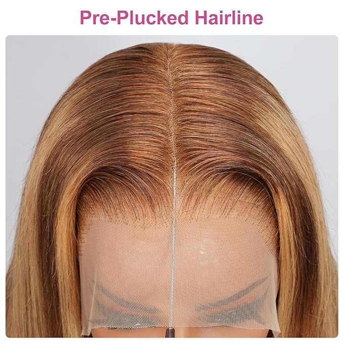 210% Density 13x6 Highlight Ombre Full Lace Frontal Wigs Human Hair 12A Body Wave Brazilian Human Hair Pre Plucked 4/27 Honey Blonde HD Glueless Transparent Lace with Baby Hair 24 Inch