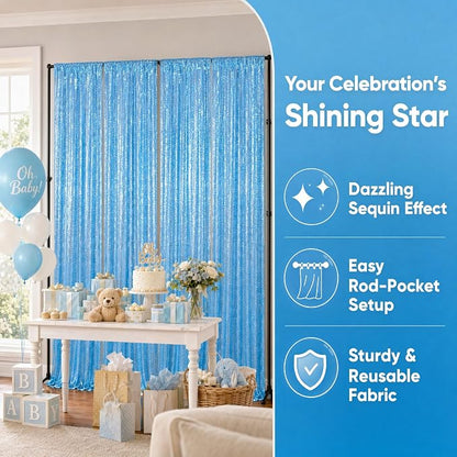 ShinyBeauty Sequin Curtains 4 Panels Baby Blue, 2x8ft Glitter Backdrop | - Image 3