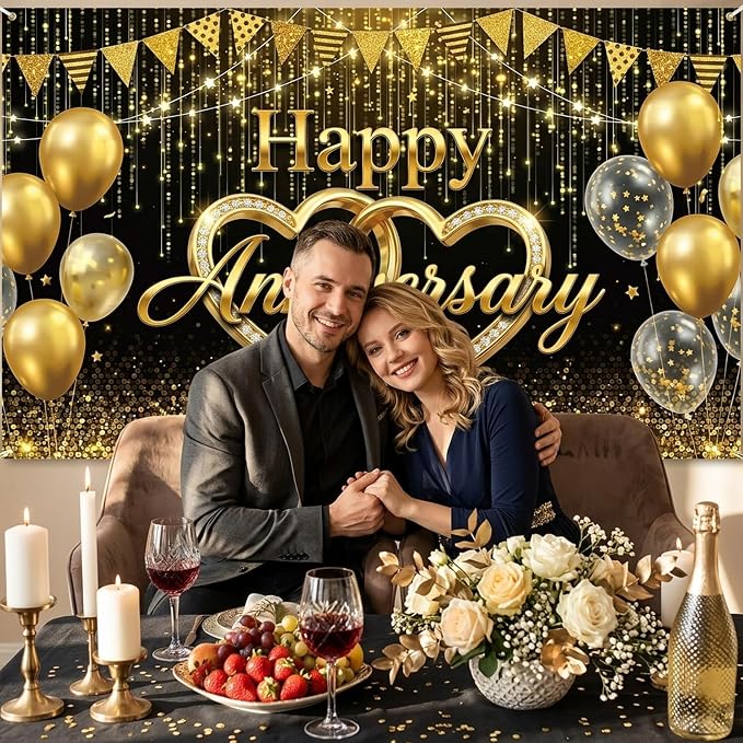Happy Anniversary Black Gold Backdrop - Image 2