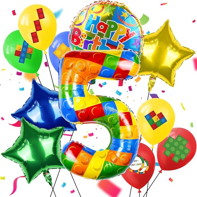 40 Inch Building Block Number Balloon, Colorful Number Block Foil Number 5 by AXBMM
