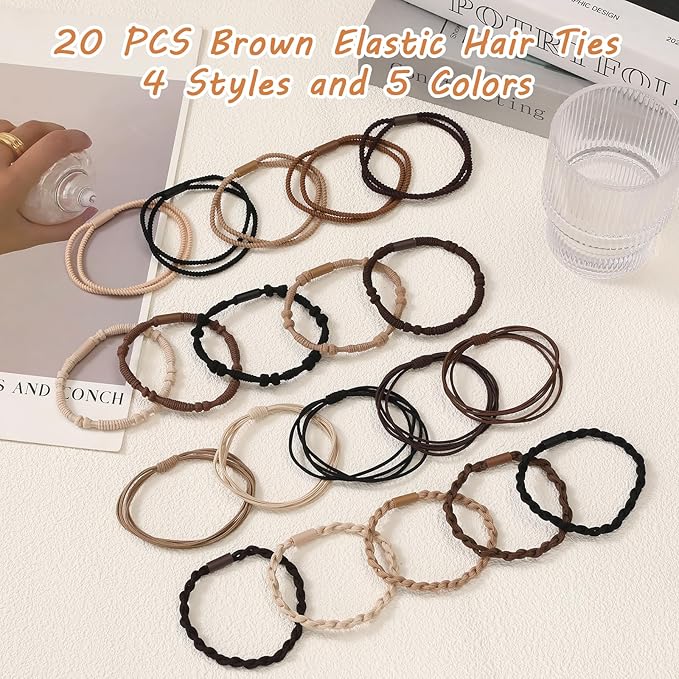20 PCS Boho Hair Ties, Bracelets Hair Ties for Thick or Thin Hair, 4 Styles Boho Ties for Ponytail Holders, 2.36’’ Hair Ties No-Damage, Chirstmas Gifts, Brown