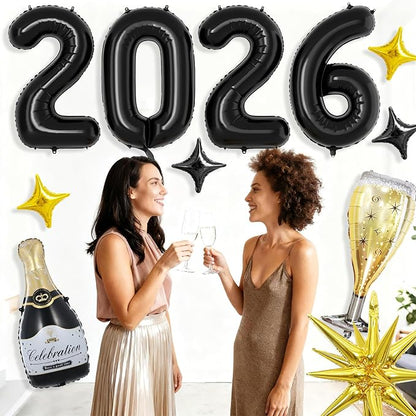 Black 2026 Balloons, 40 Inch Number 2026 Black Foil Balloons, Champagne Bottle - Image 7