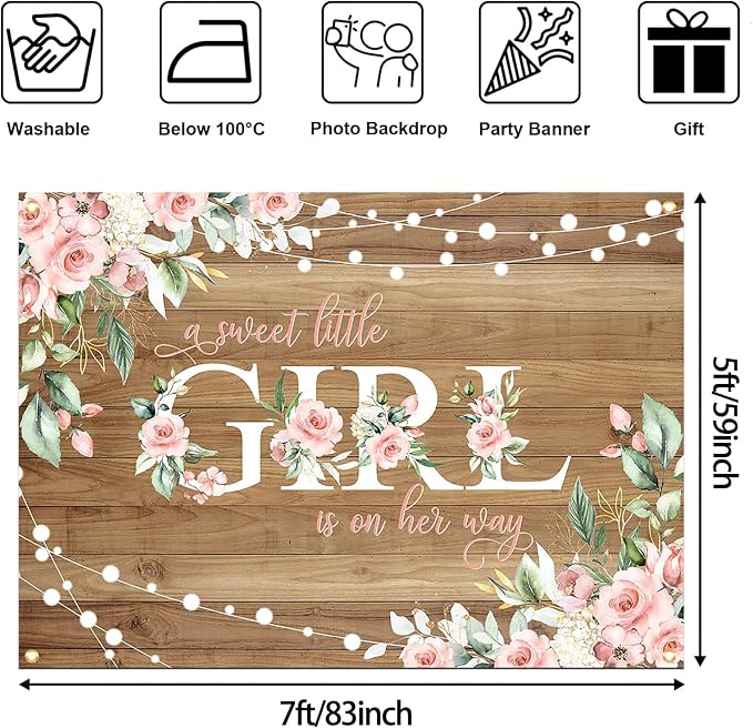 7x5 ft Rustic Wood Baby Shower Backdrop A Sweet Little Girl is on Her Way Baby - Image 4