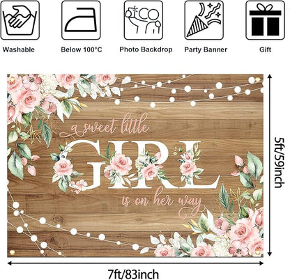 7x5 ft Rustic Wood Baby Shower Backdrop A Sweet Little Girl is on Her Way Baby - Image 4