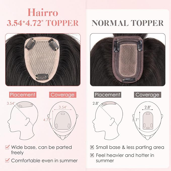 Hairro Human Hair Toppers with Wispy Bangs, 3.5x4.7" Hand-wovened Base for Women with Thinning Hair, Lightweight & Breathable Realistic Scalp, Clip-in Hairpieces for Easy Wear, 12 Inch Natural Black