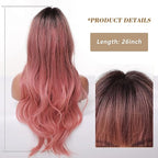 EMMOR Long Ombre Pink Wig for Women - Natural Curly Hair Synthetic Wigs With Bang Dark Root, Party Cosplay Daily Use (2pcs Free Wig Cap)