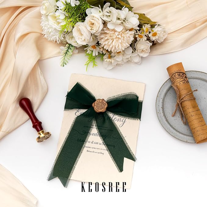 KEOSREE 3 Rolls Dark Green Handmade Chiffon Ribbon, 1.5" x21Yd | Frayed Fringe - Image 5