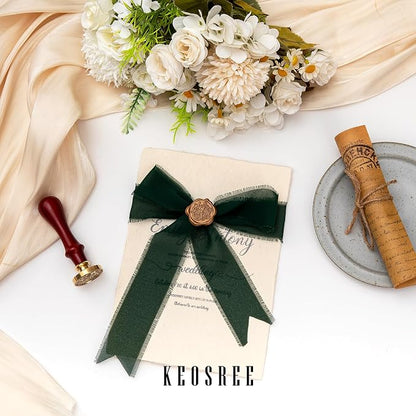 KEOSREE 3 Rolls Dark Green Handmade Chiffon Ribbon, 1.5" x21Yd | Frayed Fringe - Image 5
