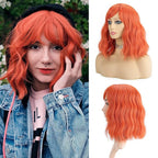 FAELBATY Short orange Wigs With Air Bangs Colorful wig Shoulder Length Women's Short Wig Curly Wavy Synthetic Cosplay Wig Orange Bob Wig for Girl Costume Wigs Orange Color 12"