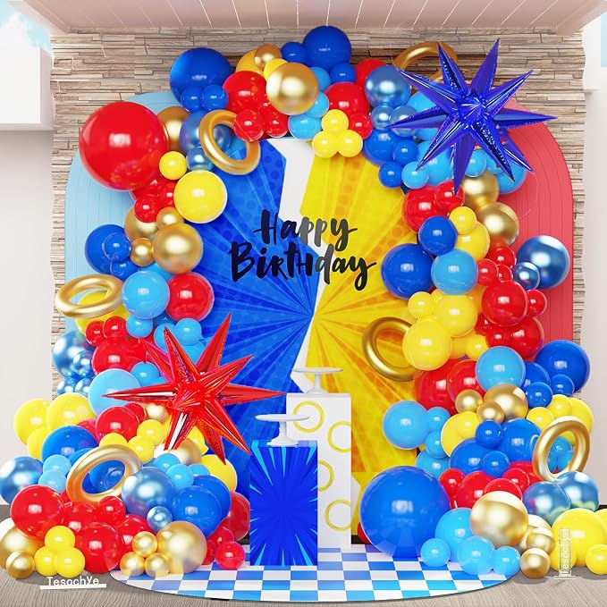 142 Pcs Red Blue Yellow Cartoon Hedgehog Balloon Arch Kit by Tesochye