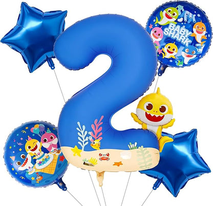 PartyWoo Baby Shark Blue Foil Round Star Mylar Number 2 Balloons 5pcs | Balloons by PartyWoo