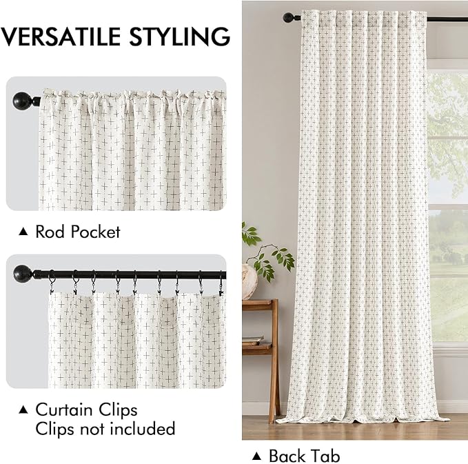 MIULEE Patterned Farmhouse Linen Curtains, Back Tab, Pure White | Linen Curtains - Image 3