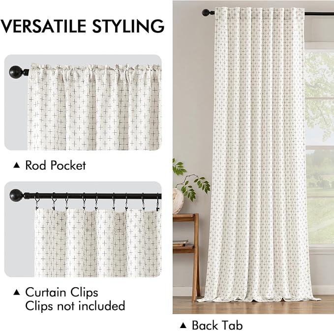 MIULEE Patterned Farmhouse Linen Curtains, Back Tab, Pure White | Linen Curtains - Image 3