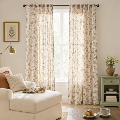 Taupe Floral Linen Curtains Farmhouse Rod Pocket 50W X 90L 2 Panels | Charlotte - Image 6