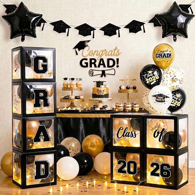 2026 Graduation Decorations Include String LED, Glitter Banner, 4 Black Balloon by Actilize