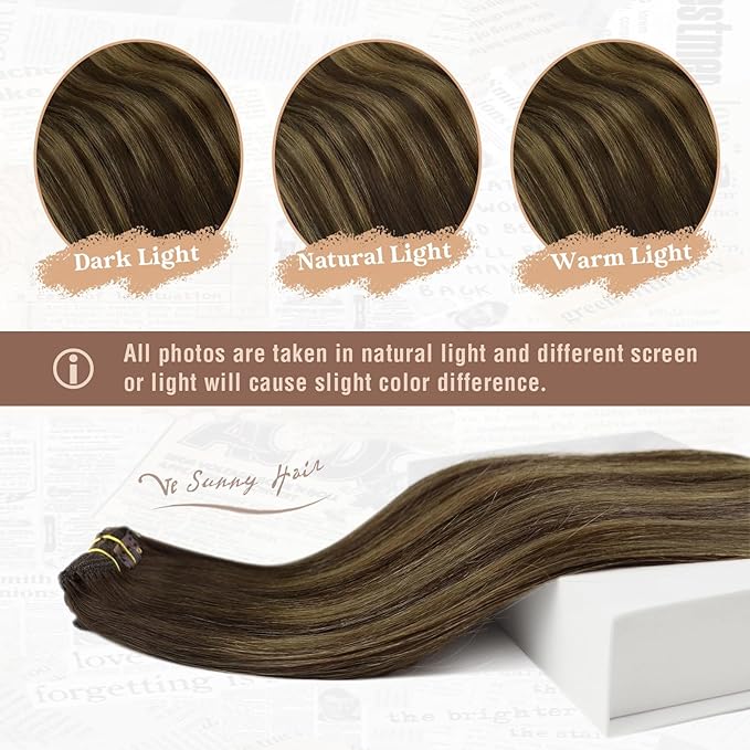 Ve Sunny Balayage Clip in Hair Extensions Human Hair Clip in Extensions Ombre Dark Brown Roots with Caramel Blonde Balayage Clip in Hair Extensions Real Human Hair 18inch 120g 7pcs
