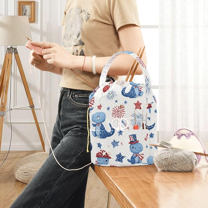 Blue Dinosaurs Stars Balloons Fireworks Yarn Bag Small Crochet Bag Drawstring - Image 6