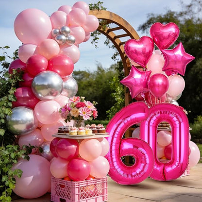 40 Inch Number Balloon Hot Pink 60 Set Pink Theme 60th Birthday Decor 10Pcs | - Image 5