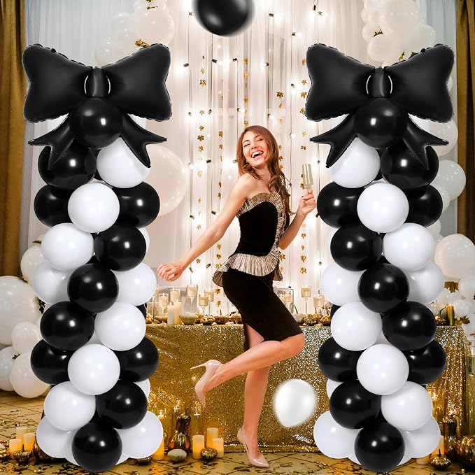 2 Sets Black White Bow Balloon Column Stand Kit Includes 2 Bows & 100 Latex - Image 5