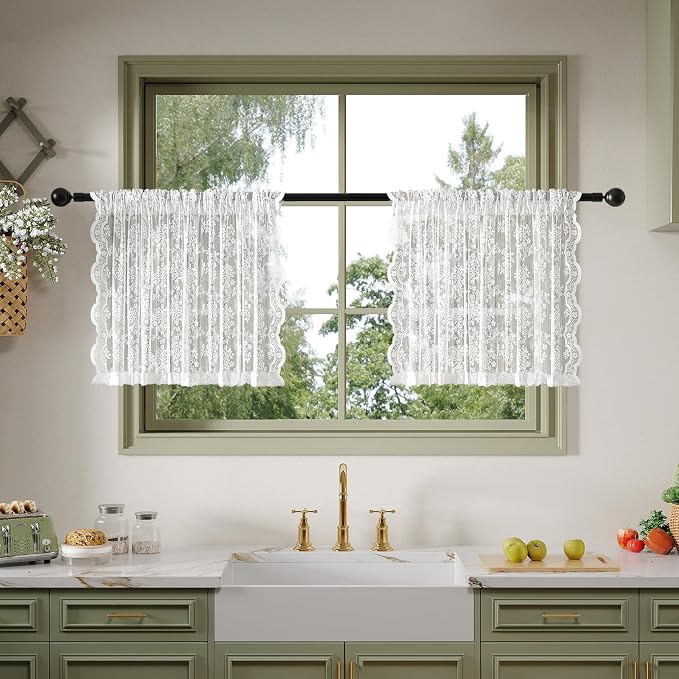 Anmao Vintage Lace Valance Kitchen Curtains 24 Inches Long 2 Panels, Semi Sheer by Anmao