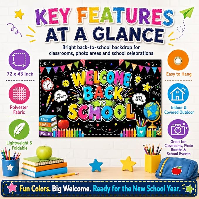 Welcome Back to School Backdrop 72x43 Inch Polyester Fabric, Colorful - Image 4