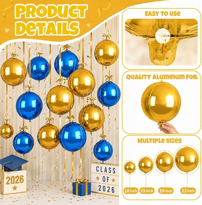 Biapian Blue and Gold Round Balloons Foil, Metallic Gold Blue Large Balloons - Image 6