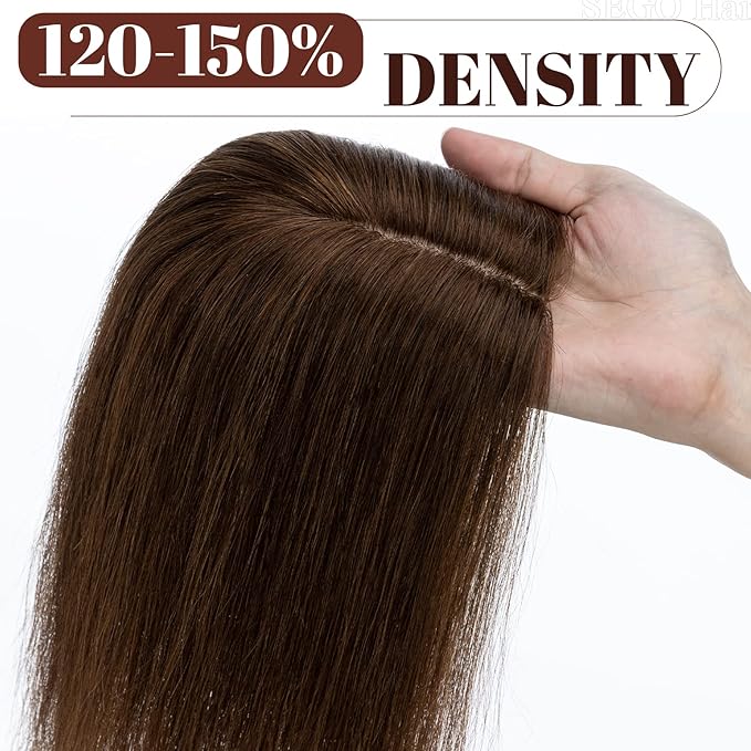 SEGO Real Human Hair Topper for Women, No Bangs Hair Topper with Anti-Slip Clips (18 Inches Medium Brown)