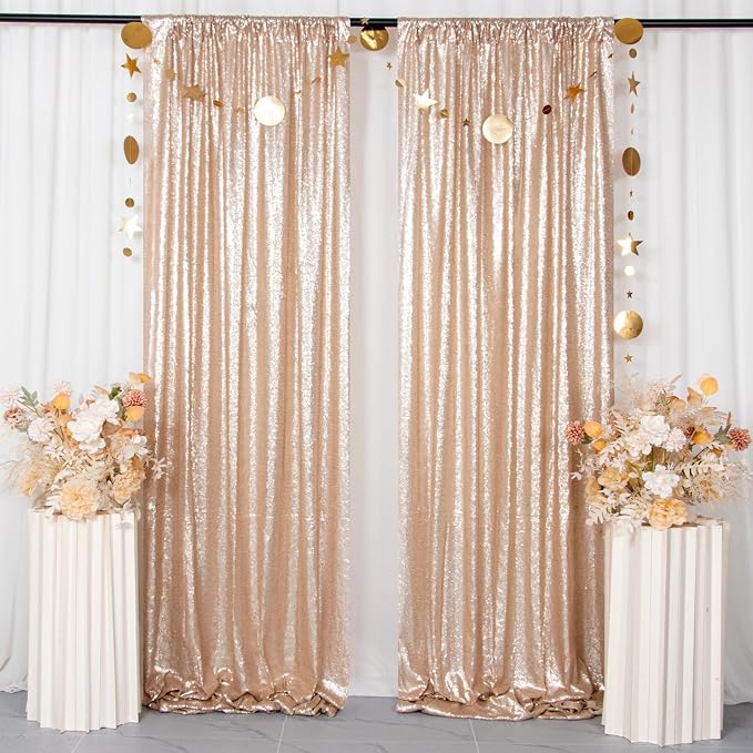 ShinyBeauty Champagne Backdrop Curtains 2 Pieces Sequin Photograph Backdrops - Image 2