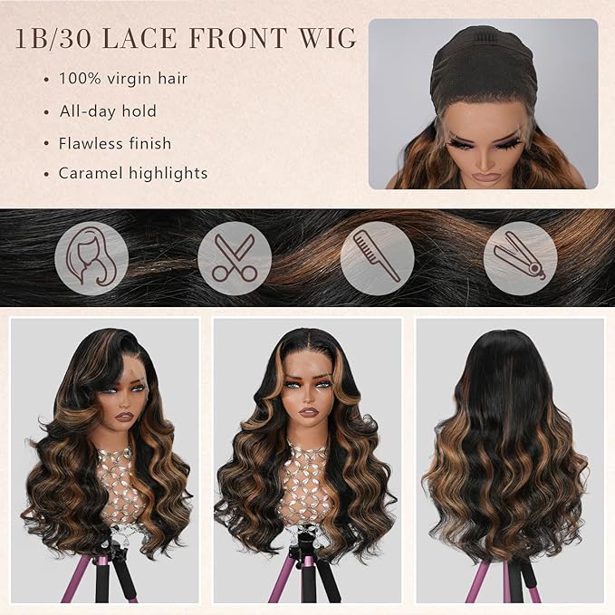 Body Wave Lace Front Wig 13x4 Full Frontal Lace Human Hair 200% Density 1B/30 Highlight Ombre Skinlike HD Lace 0.10mm Ultra-thin Invisible Bleached Tiny Knots Pre Plucked Hairline Balayage Brown