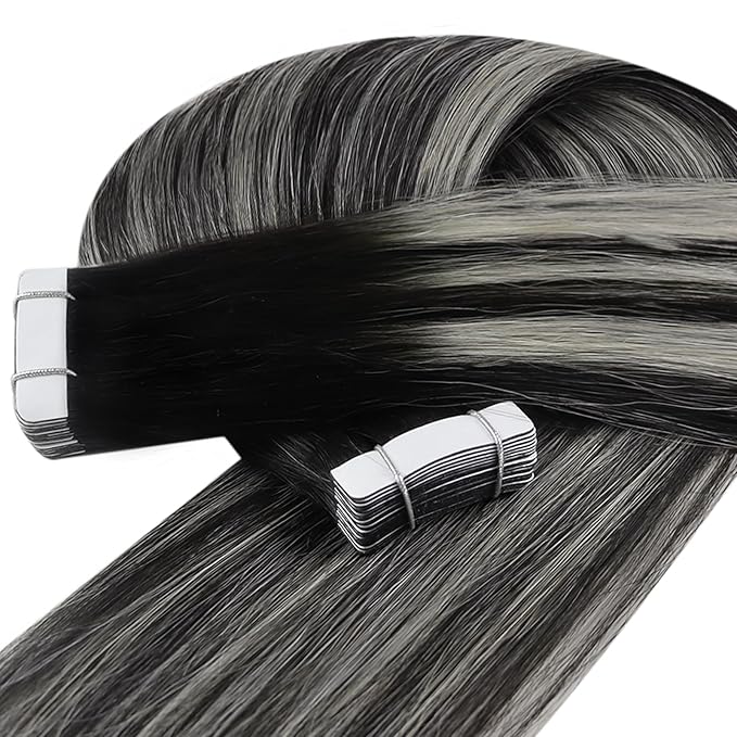 YoungSee Invisible Tape in Hair Extensions Real Human Hair Ombre Black Tape-in Remy Hair Extensions Blend Of Black and Silver Tape on Ombre Hair Extension for Long Straight Hair 24 Inch 50g 20pcs