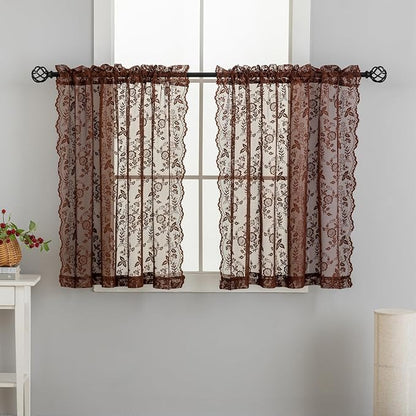 Chestnut Brown Sheer Lace Curtains Leaf Floral W42 x L45 Inch, 2 Panels | Rod - Image 9