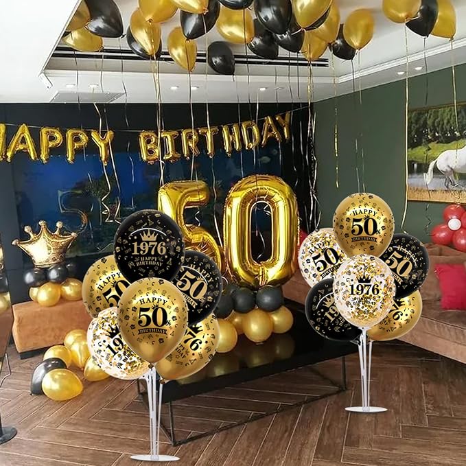 TONIFUL 4 Set 70th Birthday Decor Printed 1956 Black Gold Balloon Stand | - Image 6