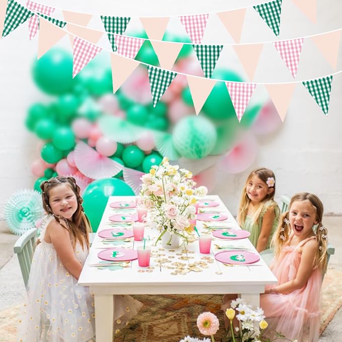 32Ft Pink Green Gingham Camp Bride Banner Green Pink Plaid Checkered Fabric - Image 5