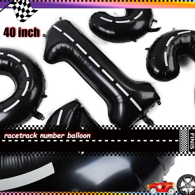 Race Car Birthday Balloons 40 Inch Racetrack Number Balloon 1 Black 5 Pcs | - Image 3