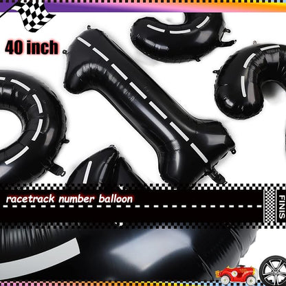 Race Car Birthday Balloons 40 Inch Racetrack Number Balloon 0 Black 5 Pcs | - Image 3