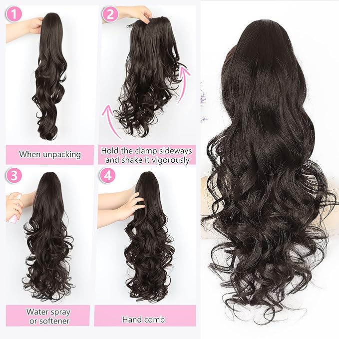 ALXNAN Ponytail Extension,24 Inch Claw Clip in Long Curly Wavy Black Brown Ponytail Hair Extension Jaw Clip on Pony Tails Hairpiece for Women