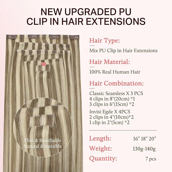 DOORES Clip in Hair Extensions Set 18 Inch 130g, 4pcs Invisi Edge Clip ins and 3pcs Classic Seamless Clip ins, Injected Virgin Real Human Hair Extensions Natural Invisible Straight, #1