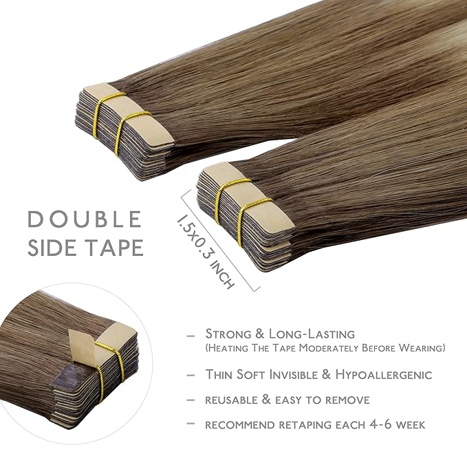 WENNALIFE Tape in Hair Extensions Human Hair, 20pcs 60g 26 inch Ombre Sandy Brown to Platinum Blonde Remy Hair Extensions Straight Human Hair Tape in Extensions Skin Weft Tape Extensions Human Hair
