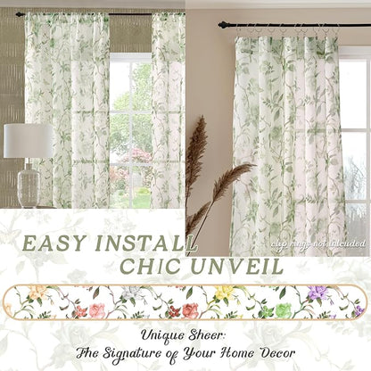 Sage Sheer Curtains 45 Inch Length 2 Panels Set Sheer, Leaf Patterned Linen - Image 7
