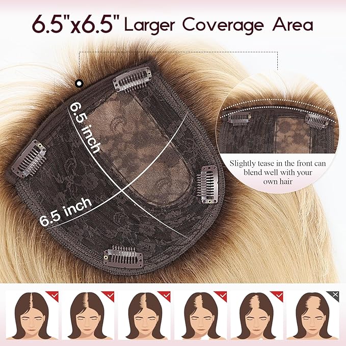 EMMOR Human Hair Toppers for Women Short Bob Real Hair with Bangs 10" Side Part Hairpieces for Women with Thin Hair 6.5" × 6.5" Larger Base Human Wig Toppers(Ombre Light Blonde)