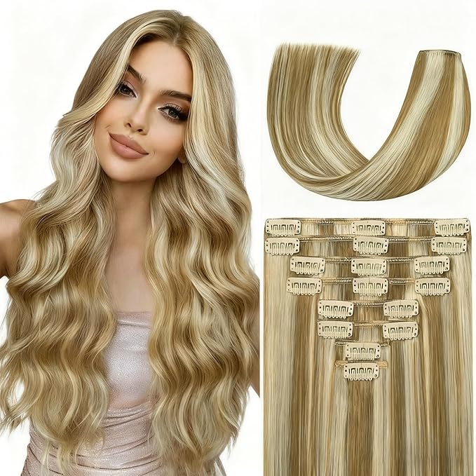 Blonde Clip in Hair Extensions Real Human Hair, 14 Inch 75g Natural Human Hair, Remy Human Hair Extensions Cip ins for Women 8pcs Per Set #16/22 Light Blonde Highlighted Golden Blonde