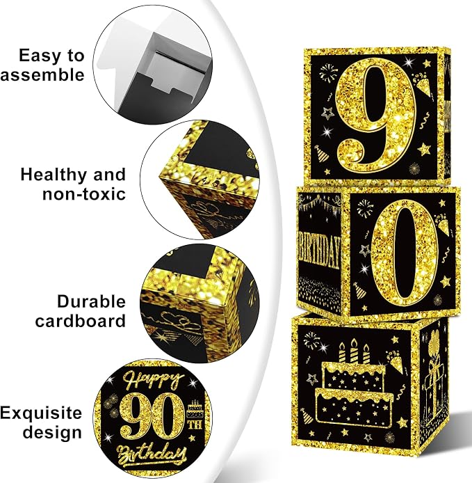 Eiurteao 3pcs Black Gold 90th Birthday Decorations Boxes - Image 5