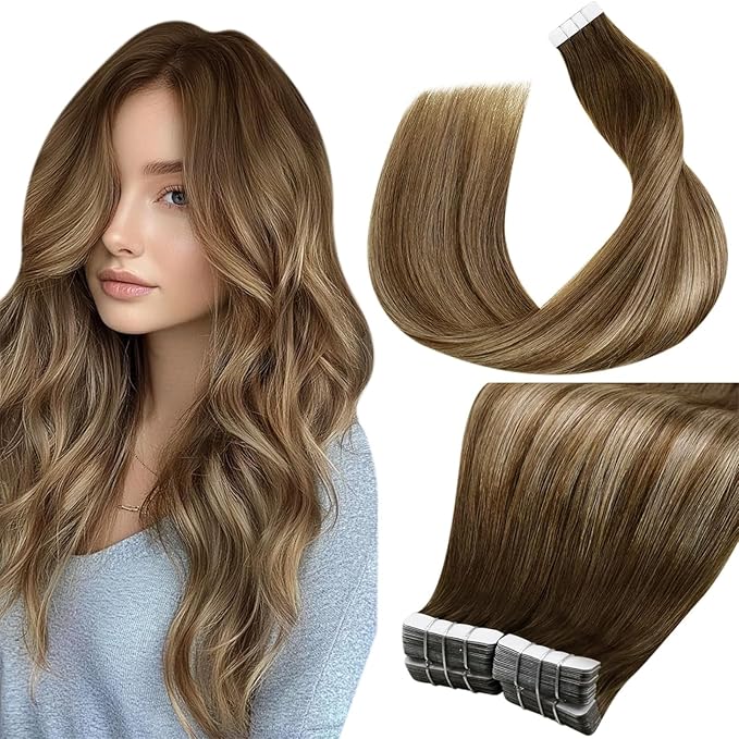 LaaVoo Human Hair Tape in Extensions Balayage Light Brown to Ash Brown Hair Extensions Tape in Real Hair Tape on Extension Seamless 18 Inch 40pcs 100g