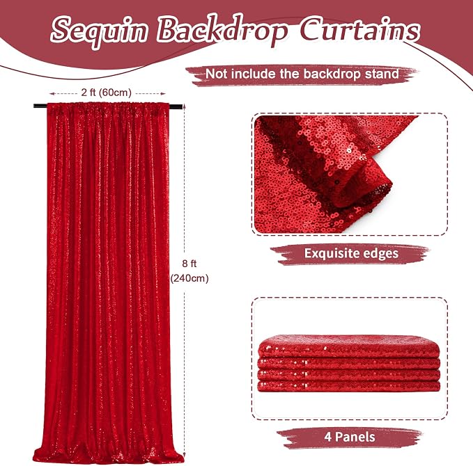 Red Sequin Backdrop Curtains-4 Panels 2FTx8FT Red Backdrop - Image 2