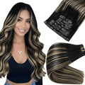 Full Shine Hair Clip in Extensions 14 Inch Seamless Clip in Hair Extensions Black Ombre Honey Blonde With Black Seamless Human Hair Clip ins Extension Skin Weft 8 Pcs 120 G