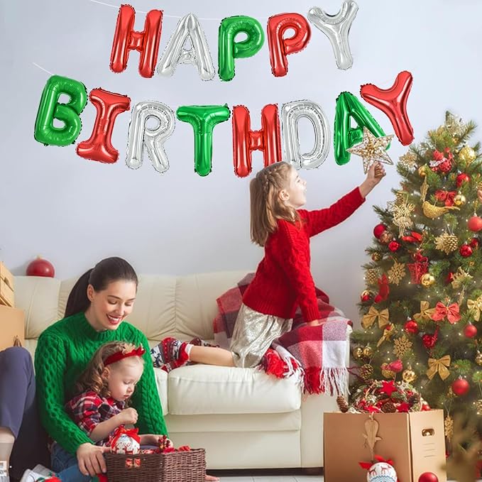 TONIFUL Red Green Silver Happy Birthday Balloons Banner, 16 Inch Mylar Foil - Image 4