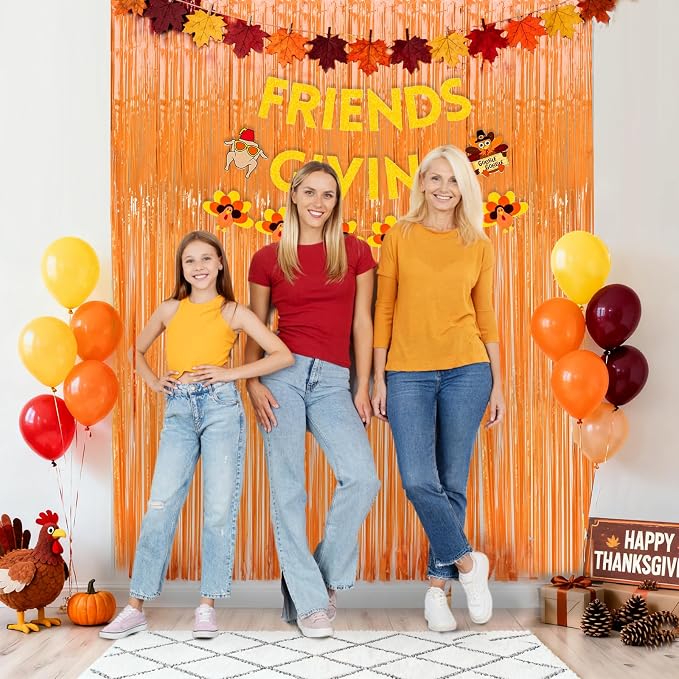 JINSUI Orange Fringe Backdrop 3.3x8.2ft, 2 Pack Foil Tinsel Curtains Decor | - Image 2